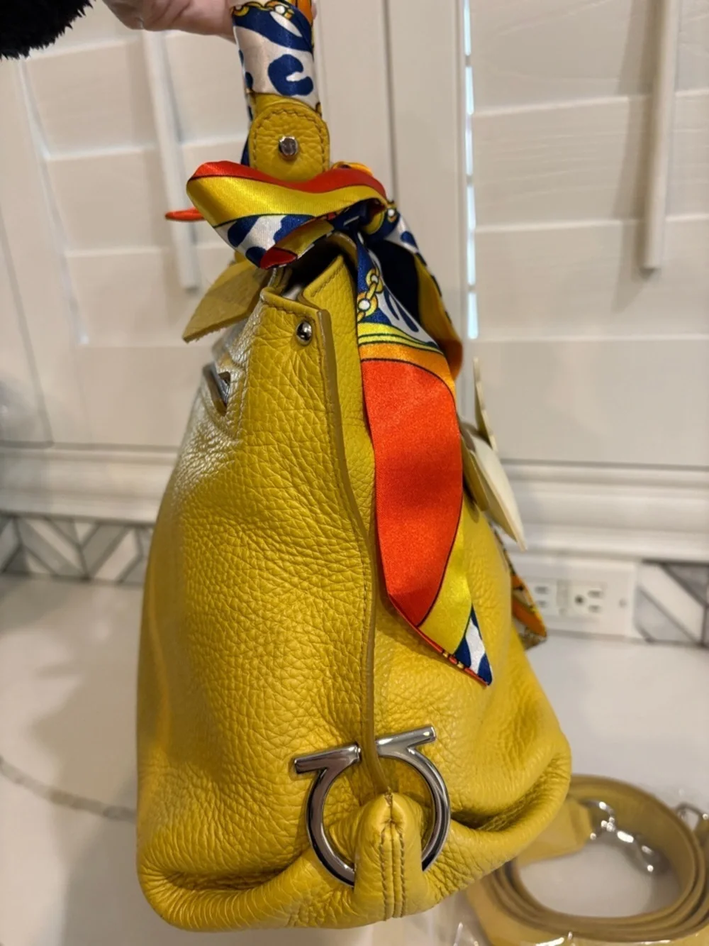 Salvatore Ferragamo Yellow Pebbled Leather Satchel with Crossbody Strap